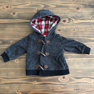 Baby Carter’s Hooded Toggle Jacket Gray with Red Plaid Lining Size 6M